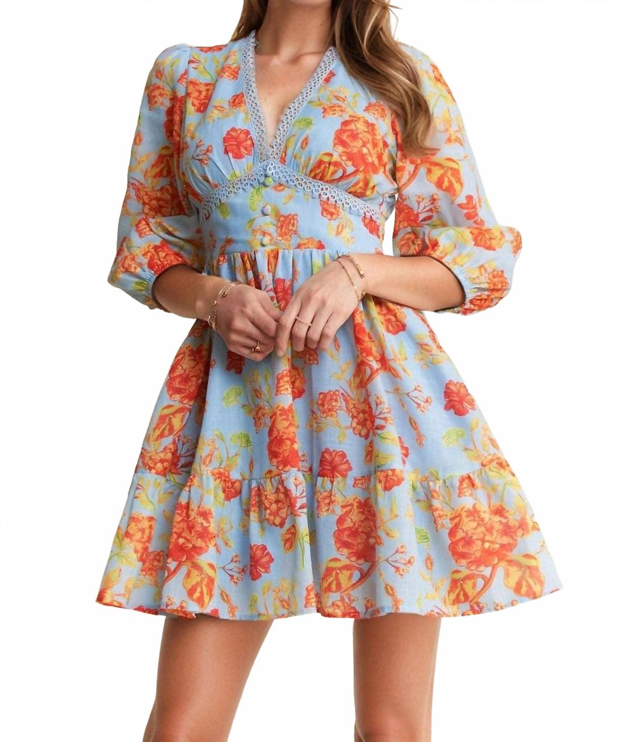 

Мини-платье с цветочным принтом и блоками цвета пыльного синего цвета Davi & Dani, Dusty Blue