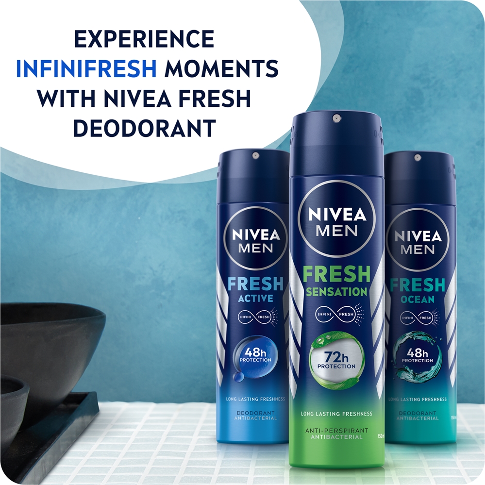 Спрей-Антиперспирант для мужчин Fresh Sensation, действие которого длится 72 часа. Nivea, vyrams 150 мл — фото 4