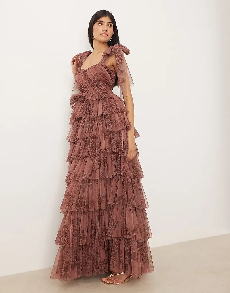 

Платье миди из тюля с кружевом и бисером, бант на плече, коричневого цвета, с абстрактным рисунком животных