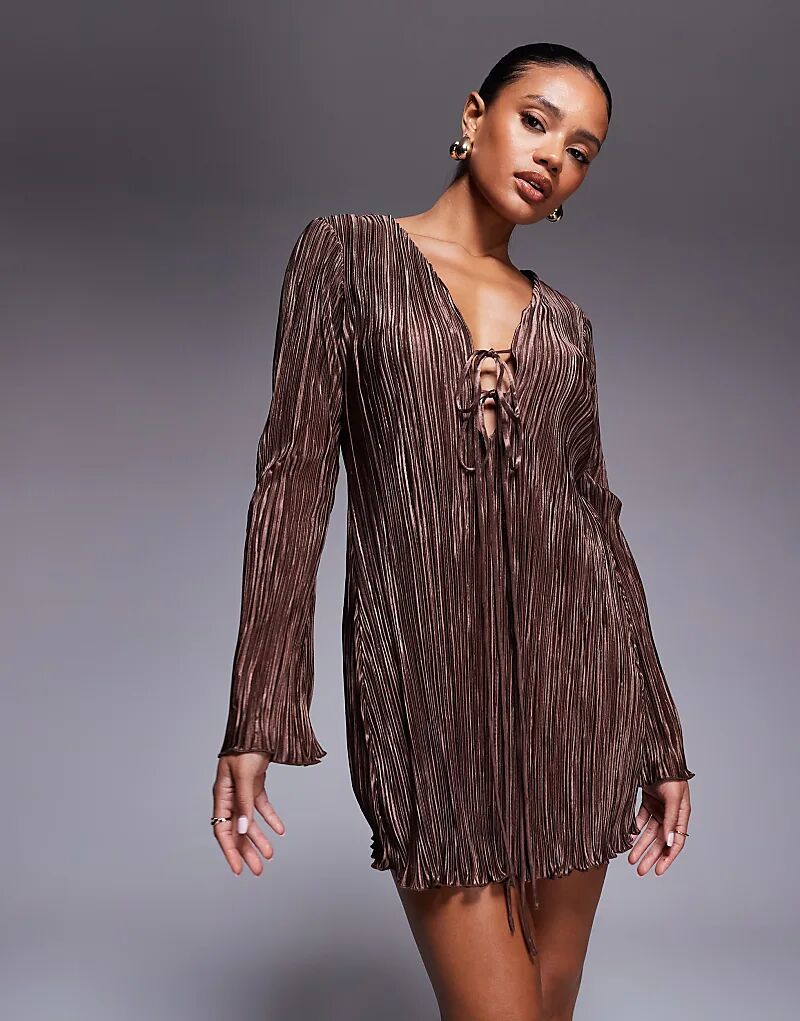 

Мини-платье принцессы Полли Малоп с плиссированной завязкой спереди и расклешенными рукавами шоколадного цвета