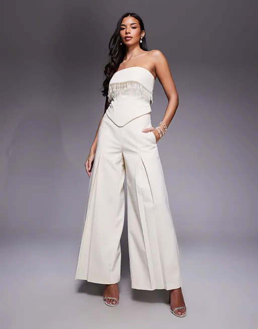 

Кремовые широкие льняные брюки со складками ASOS LUXE