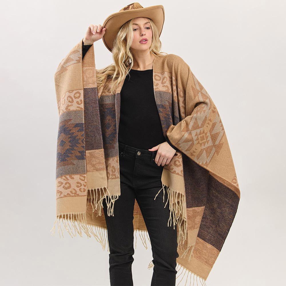 

Ацтекский леопардовый принт с бахромой пончо руана TRUEDAMES