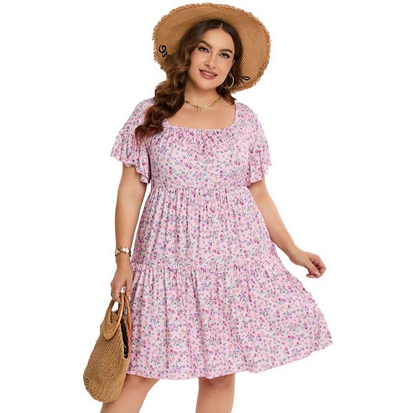 

Платье летнее Plus size с квадратным вырезом и рукавами-фонариками Seoria, Pink Rose