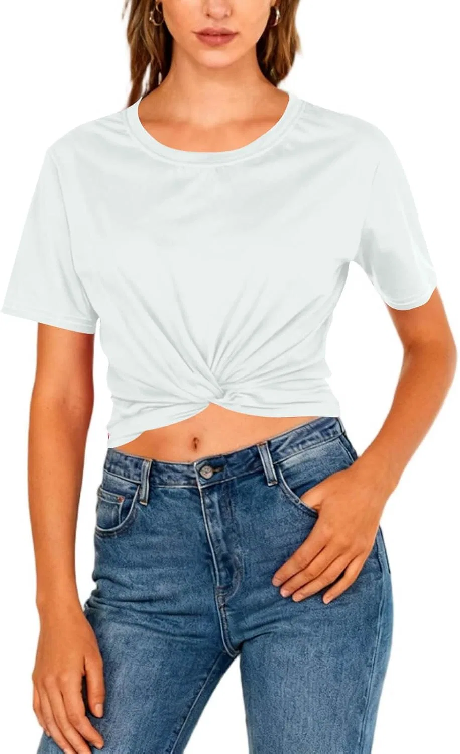 Женский укороченный топ с перекрученным передом, Polyester/Spandex, White — фото 4
