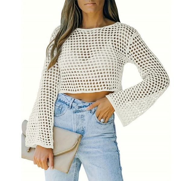 

Женский топ-боди с длинным рукавом fishnet crochet Yesfashion, White