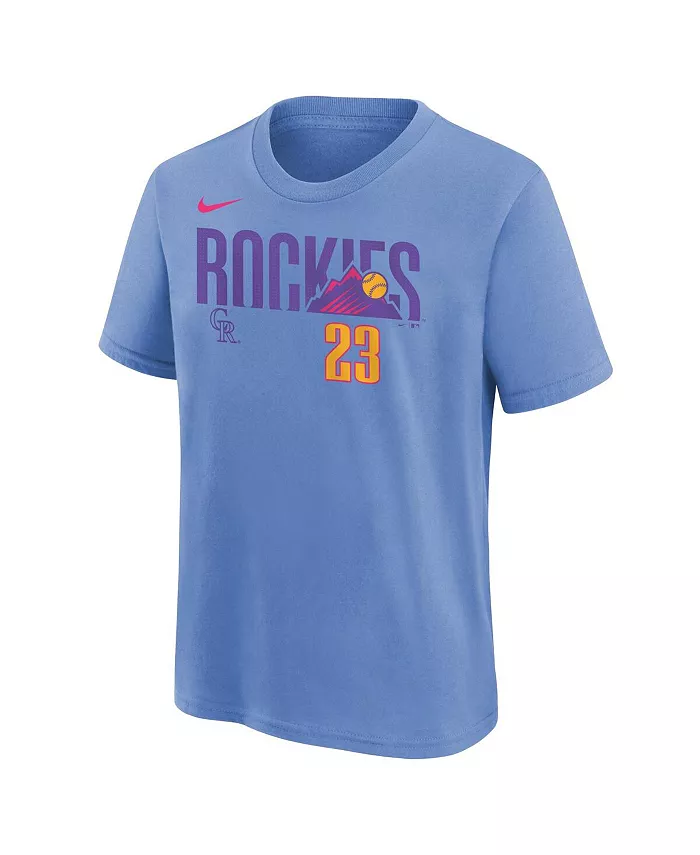 Футболка Colorado Rockies Fuse City Connect с именем и номером Kris Bryant для мальчиков и девочек, светло-голубая Nike — фото 2