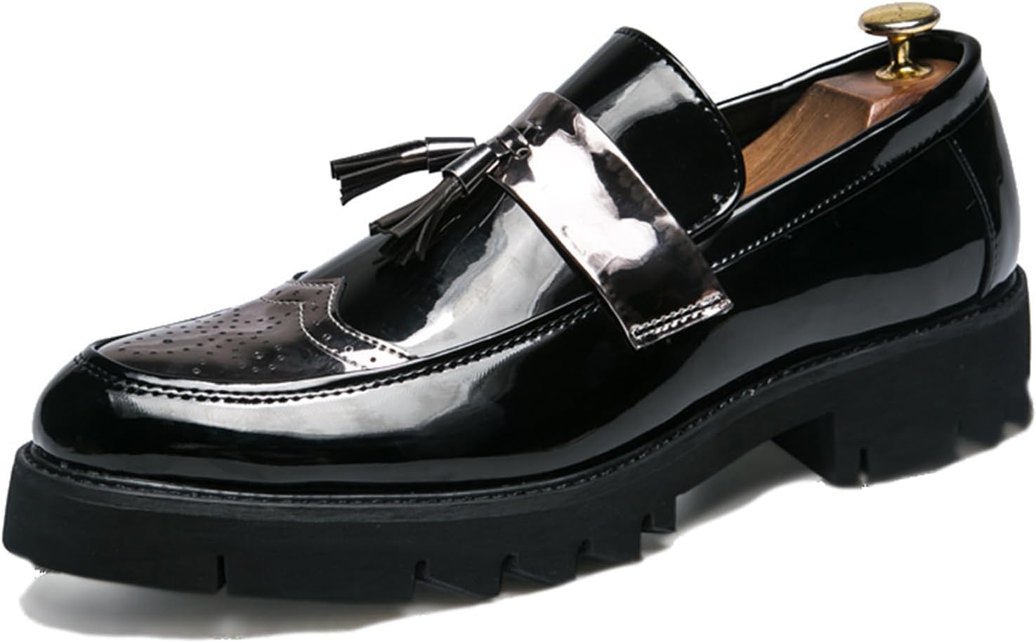 

Мужские лоферы на платформе из лакированной кожи без шнурков с монетным карманом, модные туфли с круглым носком и кисточками, с противоскользящей подошвой, для вечеринок, свиданий и выпускных Etoryoox, серебро