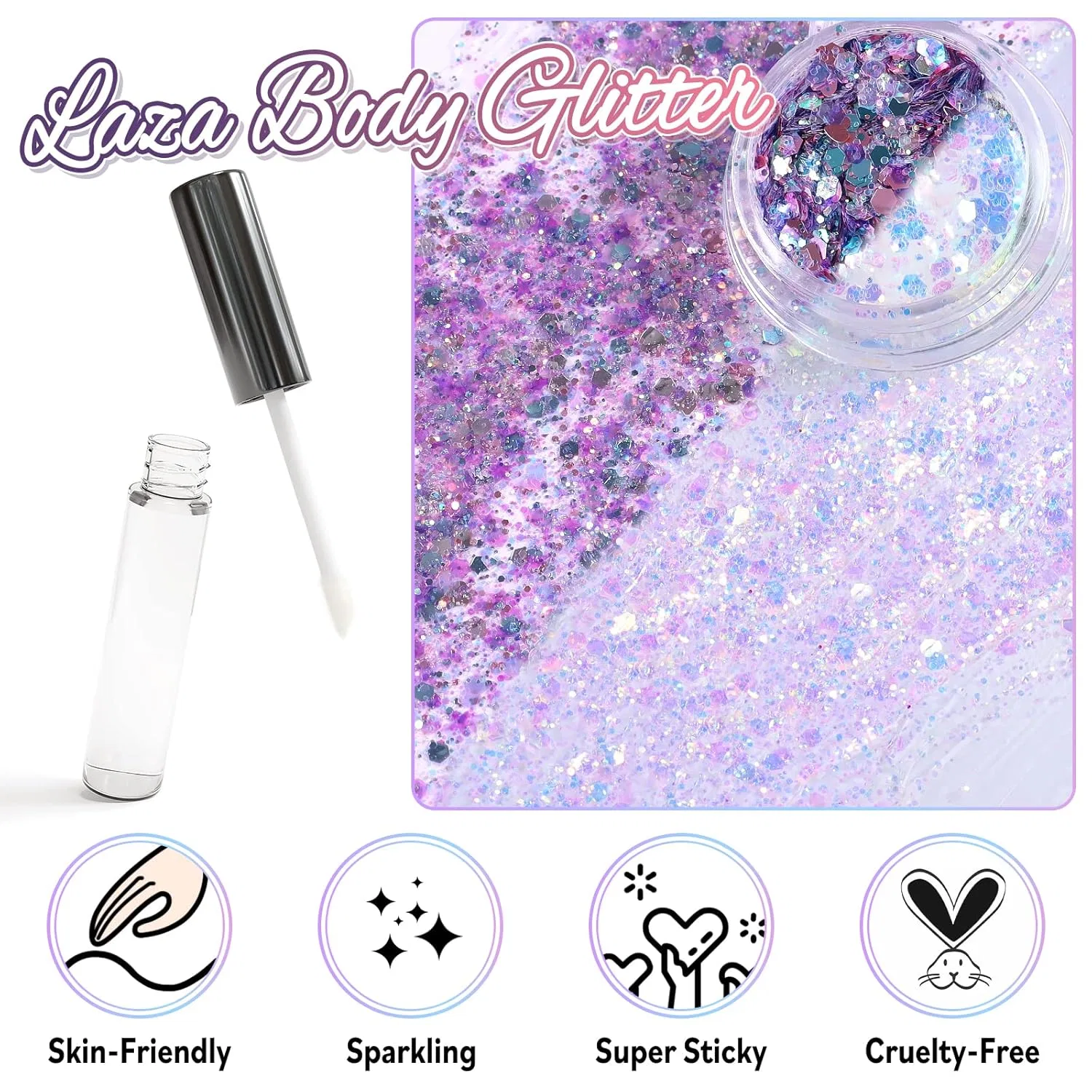 Глиттер для тела Laza с блестками и клеем, фиолетово-белый Laza, Fantasy Purple White — фото 2