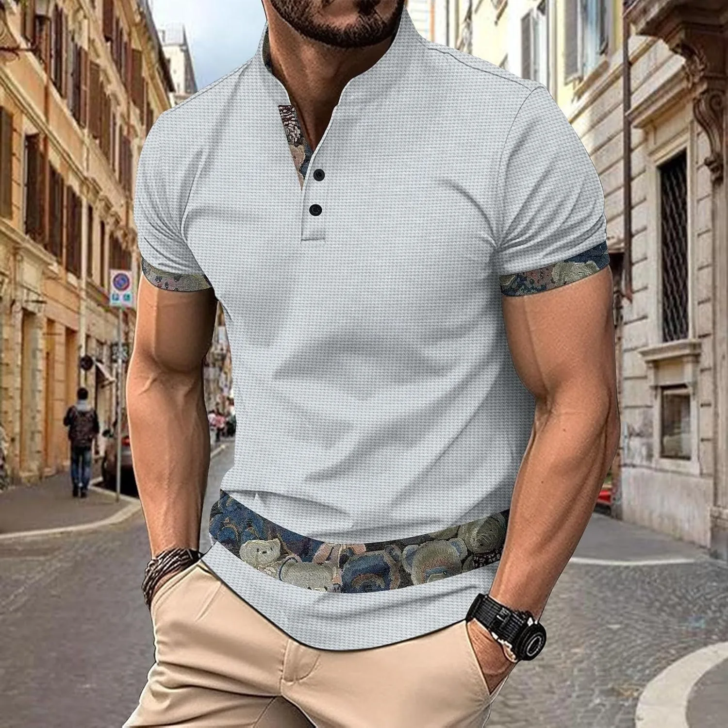 Футболка мужская с коротким рукавом, Vintage Floral, Stand Collar Henley Pullover, Regular Fit, Moisture Wicking — фото 2