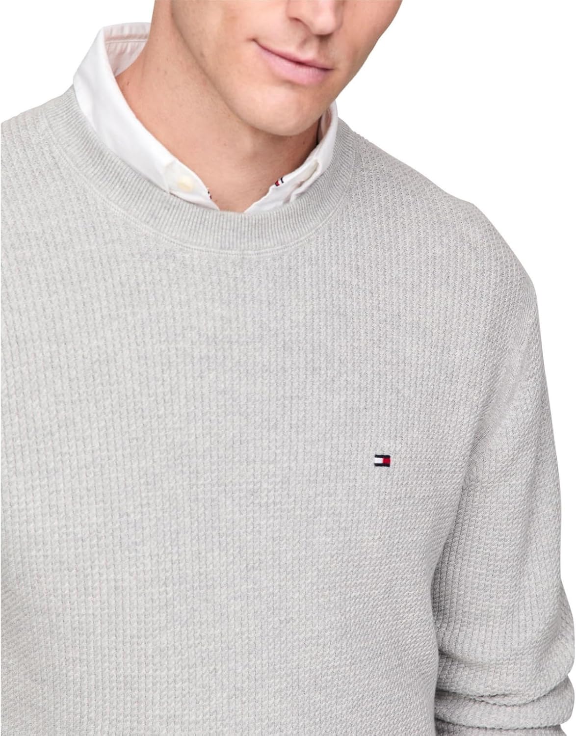 Мужской свитер Tommy Hilfiger с вафельной вязкой и круглым вырезом, легкий пуловер, также доступен в размерах для больших и высоких женщин., Light Grey Heather — фото 2