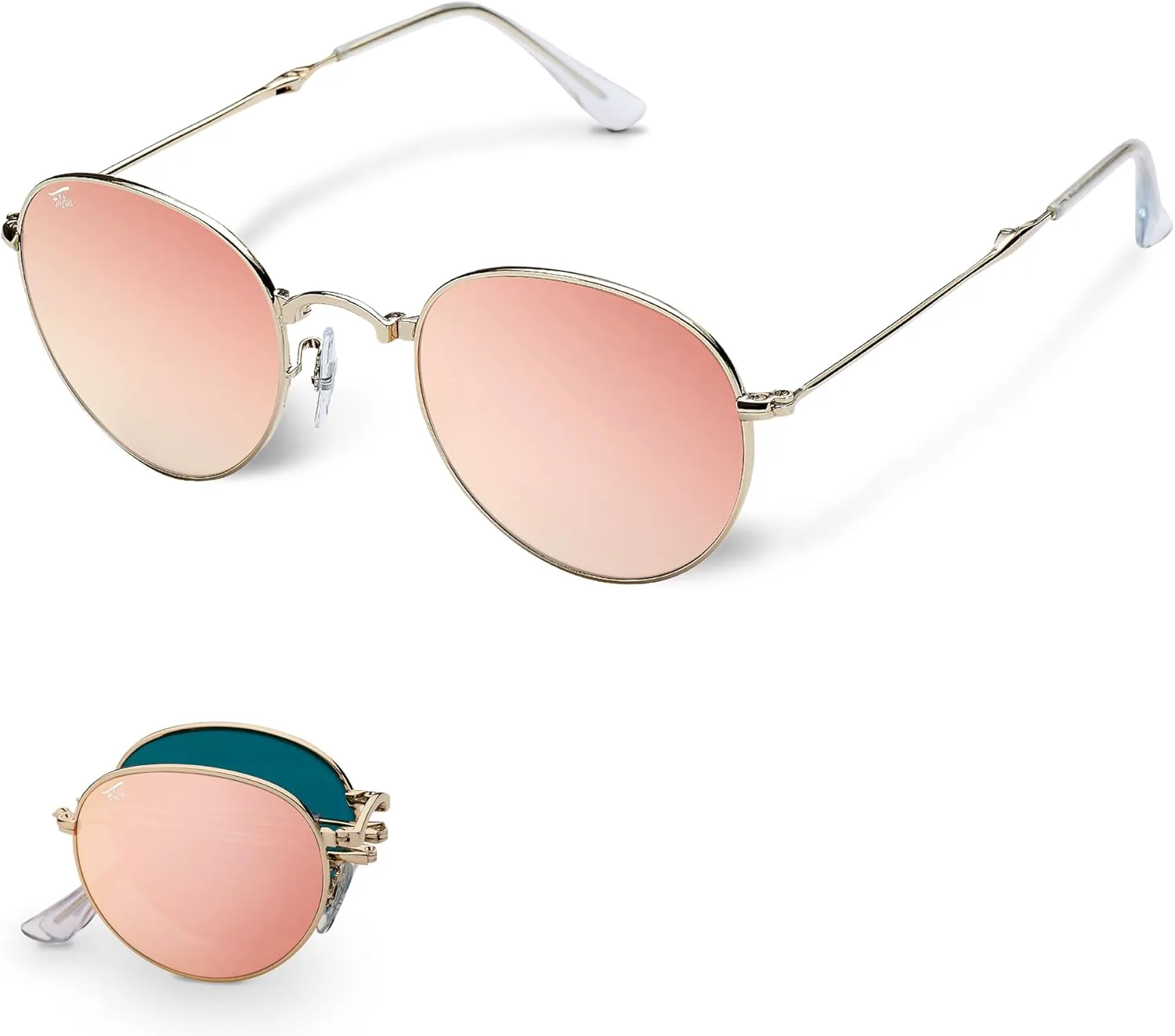 

Круглые складные солнцезащитные очки с поляризацией, защитой от УФ-излучения UV400, UVA, UVB для мужчин и женщин, в кожаном футляре Foldies, Gold - Copper Mirror