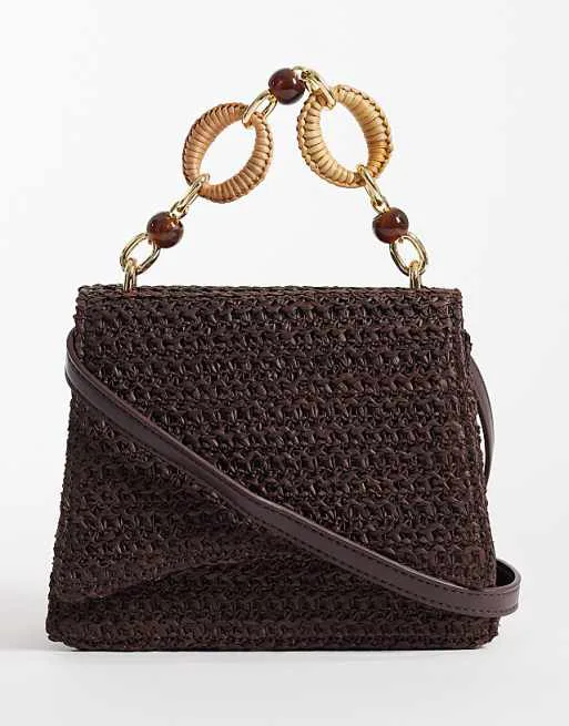

Соломенная сумка через плечо ASOS DESIGN с полимерной верхней ручкой и съемным ремешком через плечо шоколадного цвета