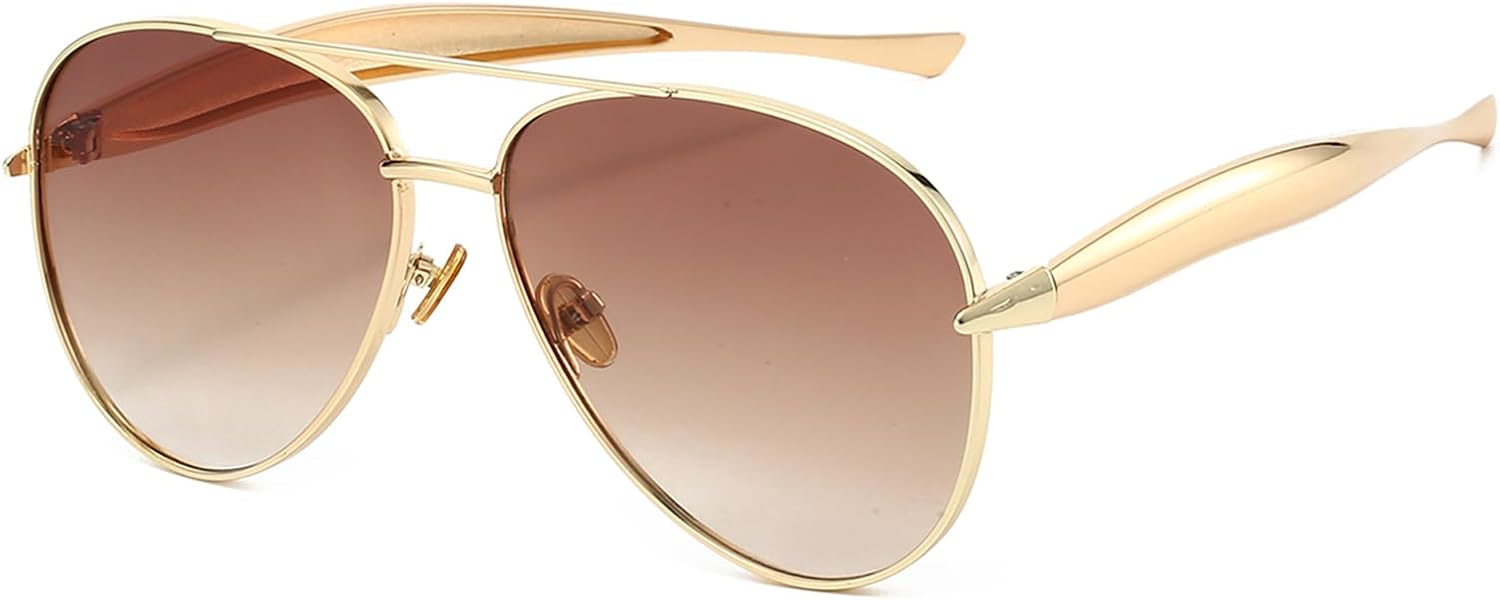 

Солнцезащитные очки Long Keeper Retro Pilot для женщин и мужчин, золотистые металлические, большие, в авиационном стиле, модные, с двойной перемычкой, в стиле 70-х, Gold Frame - Gradient Brown Lens