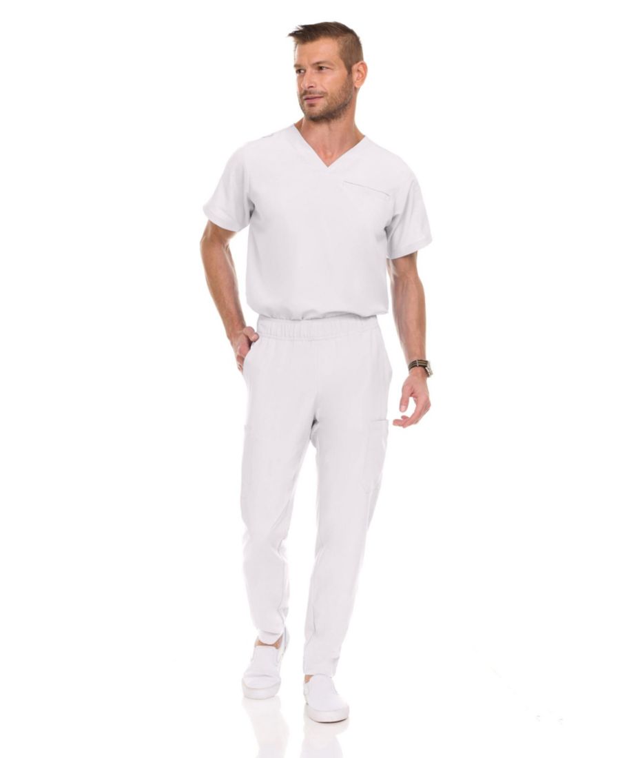 

Мужской медицинский комплект: эластичная медицинская рубашка с V-образным вырезом и брюки с 7 карманами, цвет винный, размер L Medichic, White