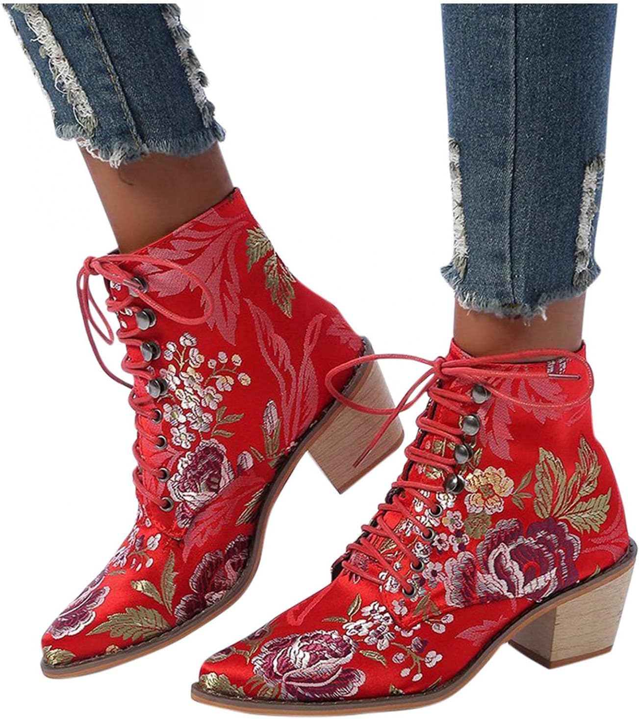 

Женские этнические ботильоны Hbeylia, свадебные и праздничные, с вышивкой цветов, в стиле бохо, пляжные, винтажные, с заостренным носком, массивным каблуком средней высоты, военные ботинки, красный