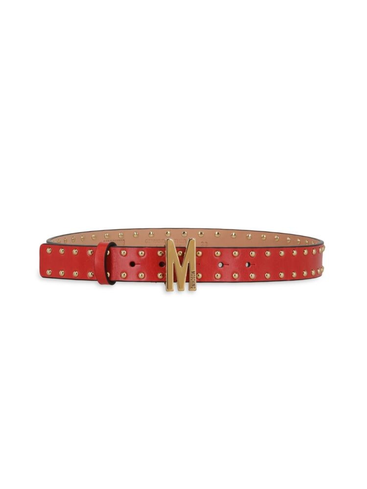 

Кожаный ремень с пряжкой M и заклепками Moschino, цвет Fire Engine Red