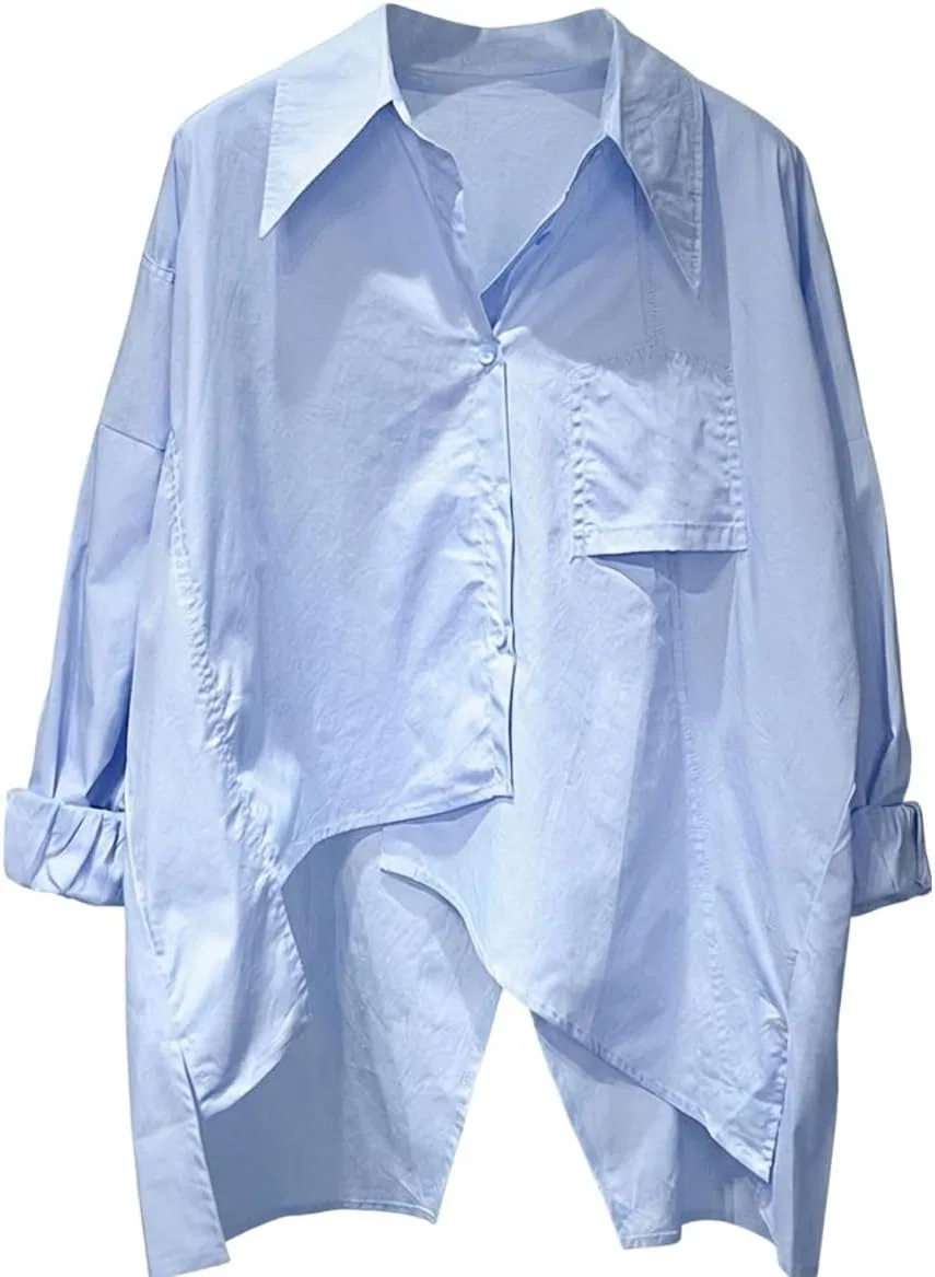 Блуза с асимметричным подолом, длинный рукав, Sky Blue