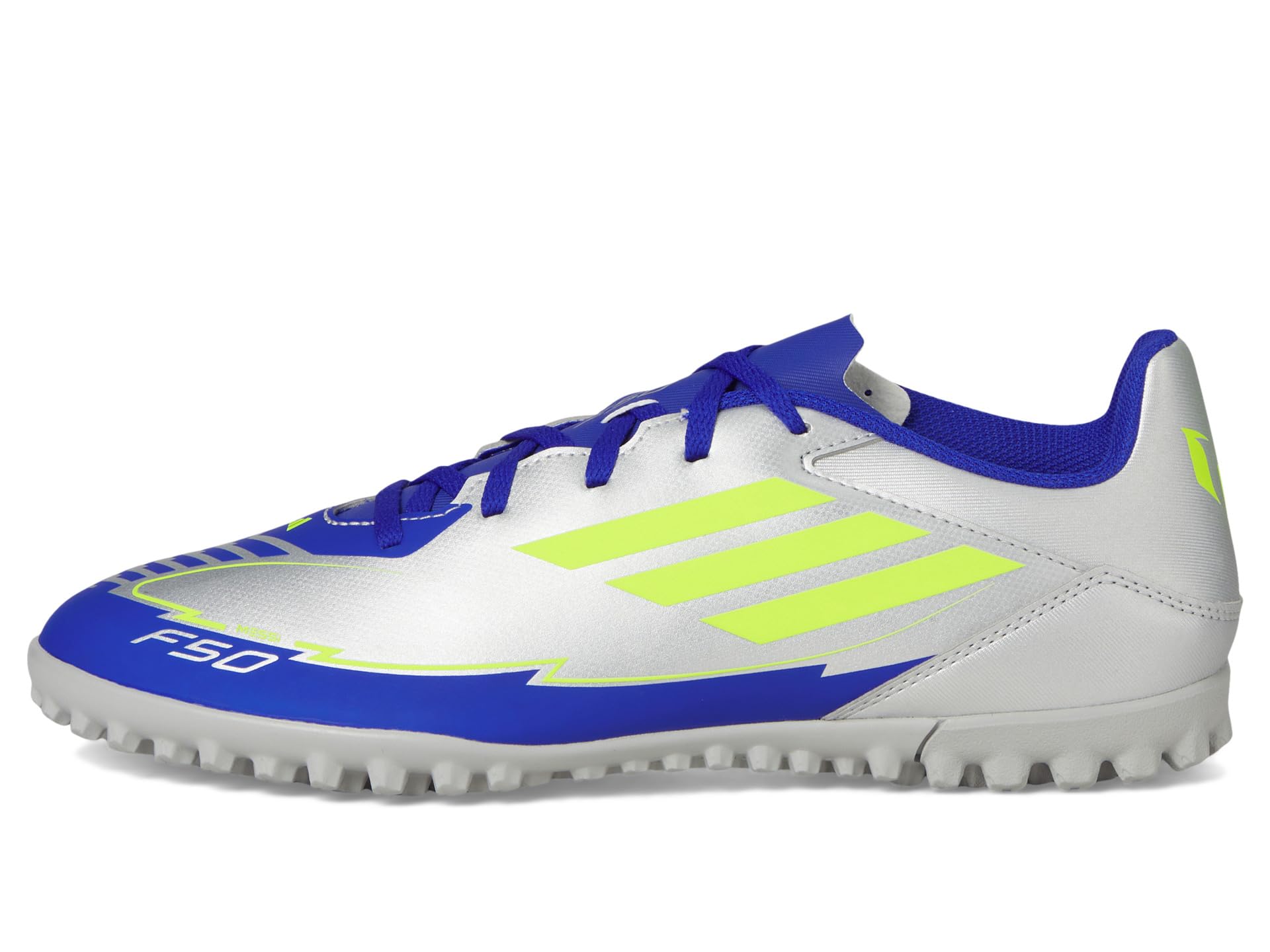 Кроссовки Unisex adidas F50 Club Turf Messi, цвет Silver Metallic/Solar Yellow/Lucid Blue — фото 4