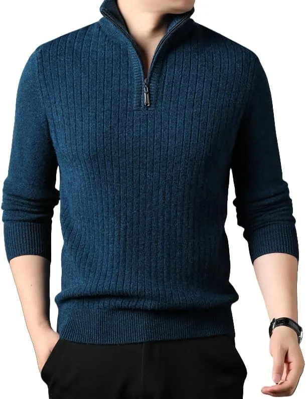 

Мужской свитер с четвертью молнии Slim Fit легкий вязаный с воротником-стойкой