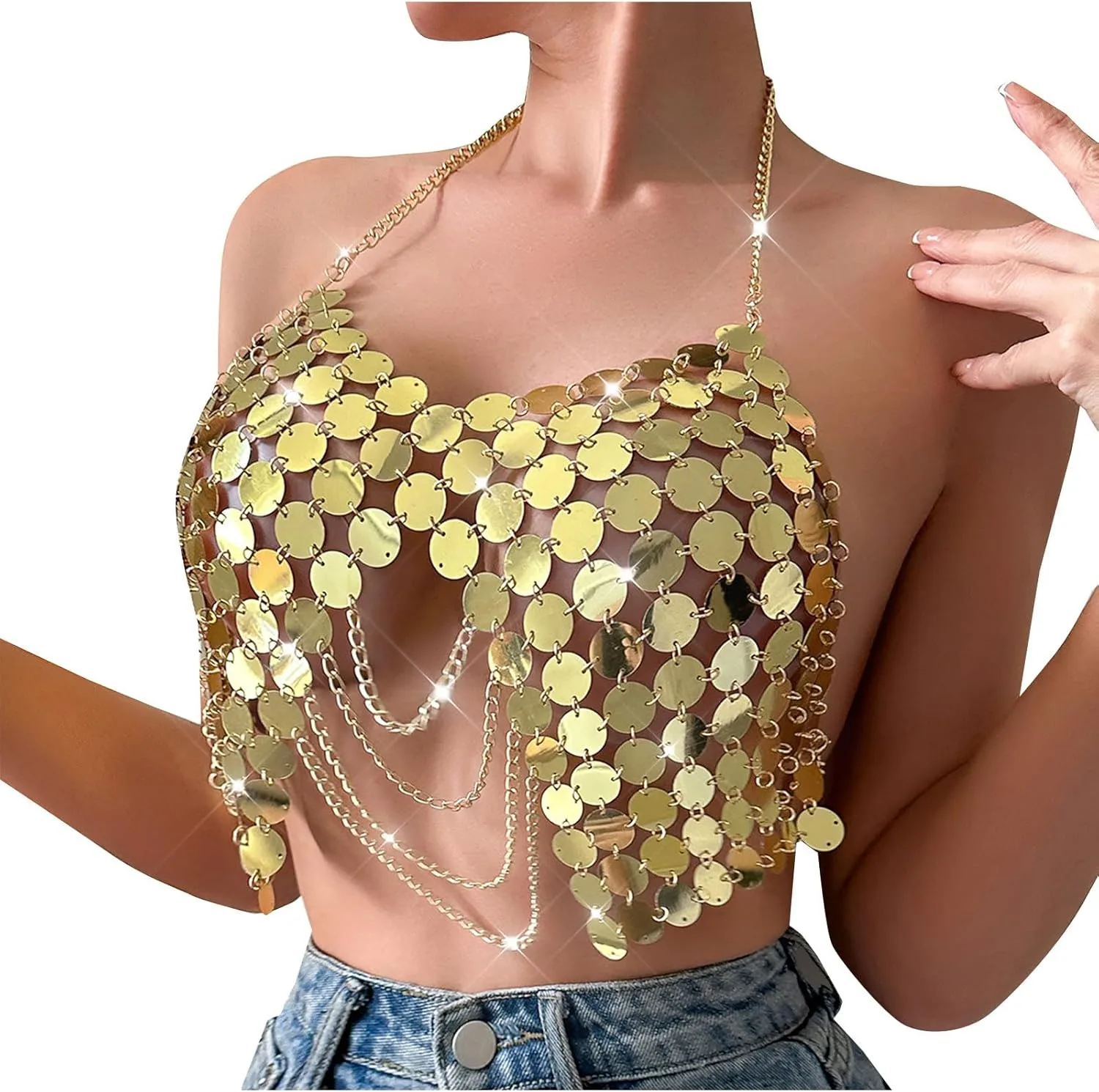 Женский топ с пайетками и цепочкой Sliver Sparkly Dots, халтер