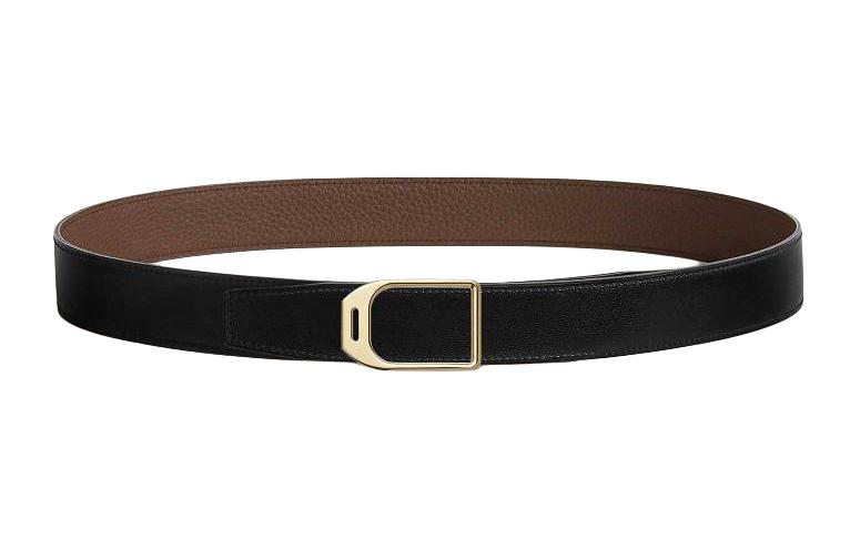 

HERMES Мужской кожаный ремень с гладкой пряжкой и двусторонним кольцом, Black/Brown