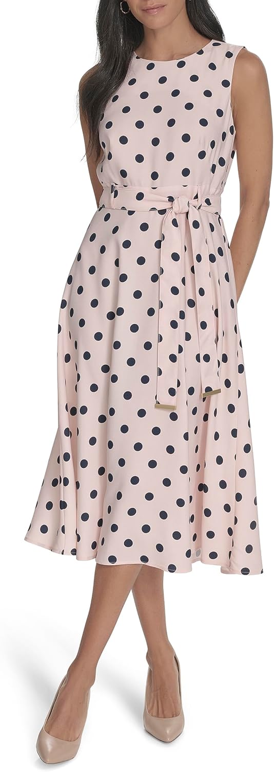 

Женское платье миди Calvin Klein Aline с завязывающимся поясом без рукавов, Blossom/Indigo