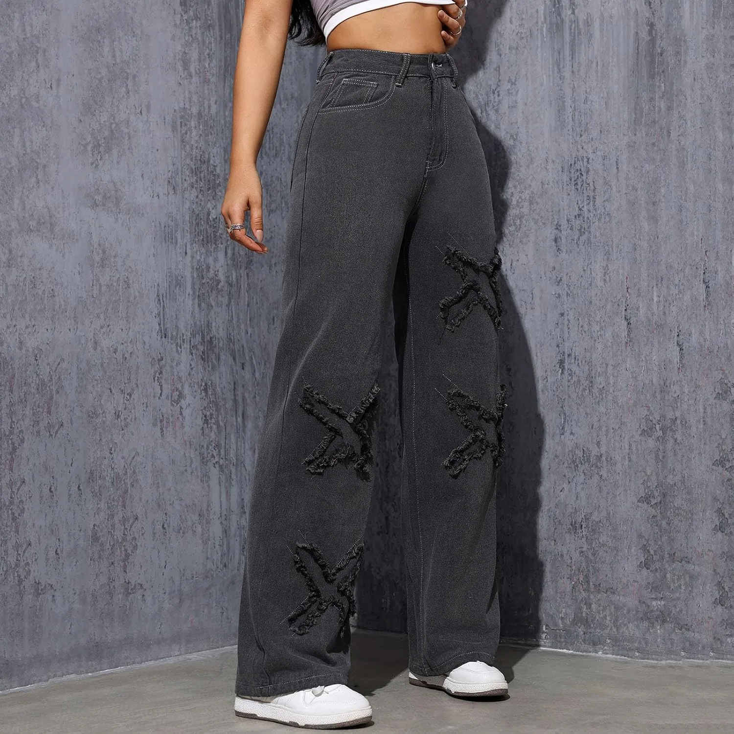 Джинсы для женщин High Waisted Stretchy Wide Leg с 3D вышивкой — фото 3