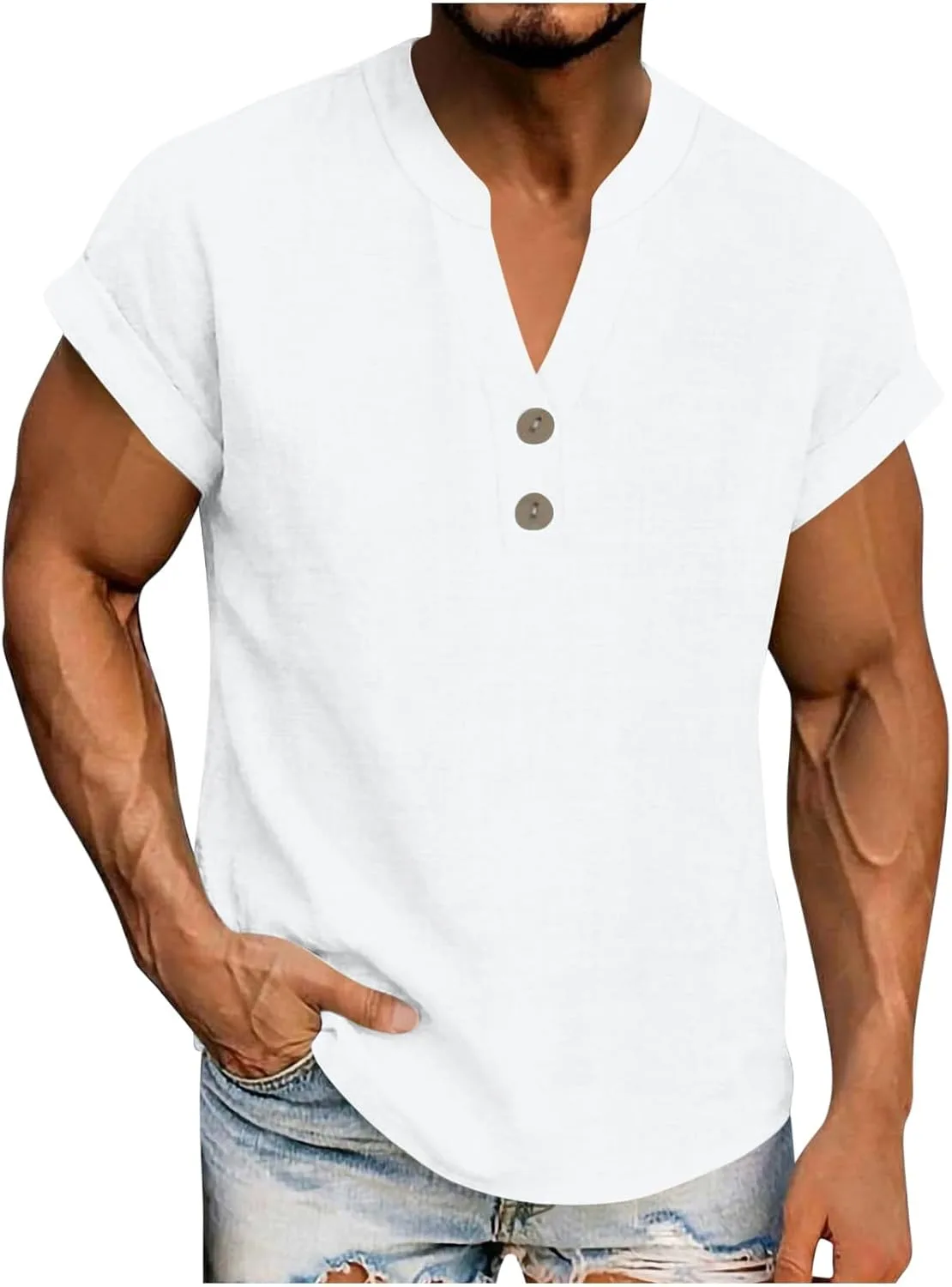 

Хлопковая льняная рубашка для мужчин, легкая, удобная, с коротким рукавом и V-образным вырезом