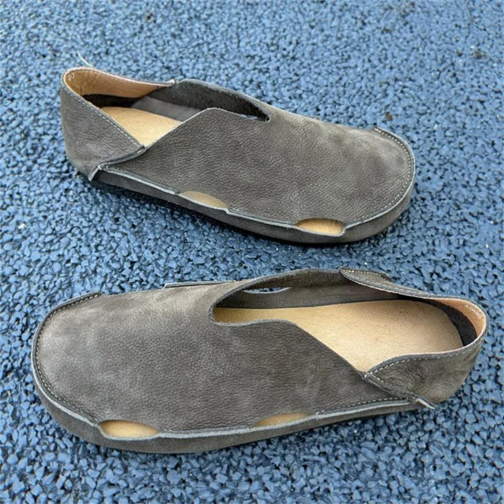 Лоферы кожаные ретро Mens Breathable Soft Walking Shoes Genuine Leather Retro Handmade Slip on Loafers Comfortable Driving Shoes, серый Abborora — фото 2