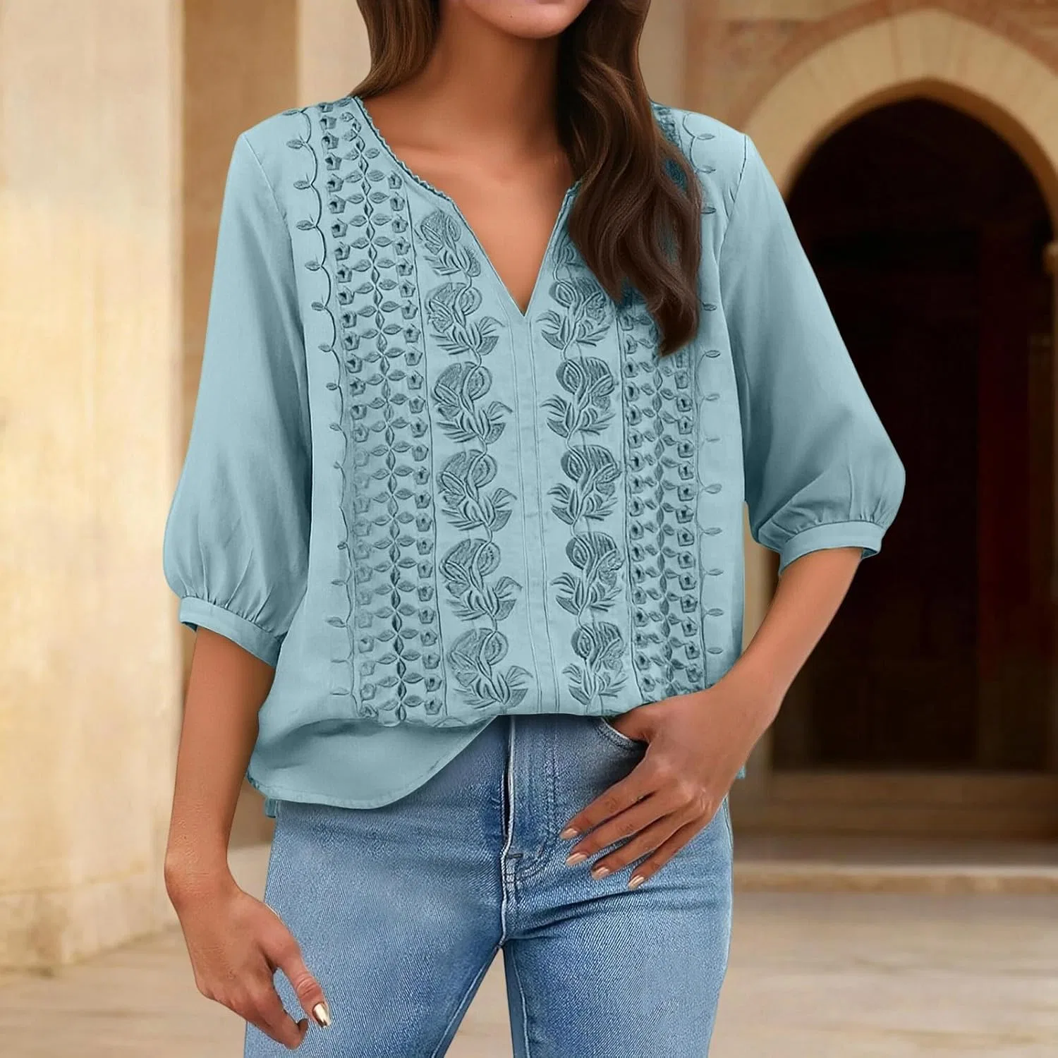 Блуза женская с вышивкой, 3/4 рукав, V-образный вырез, 5-mint Green — фото 2