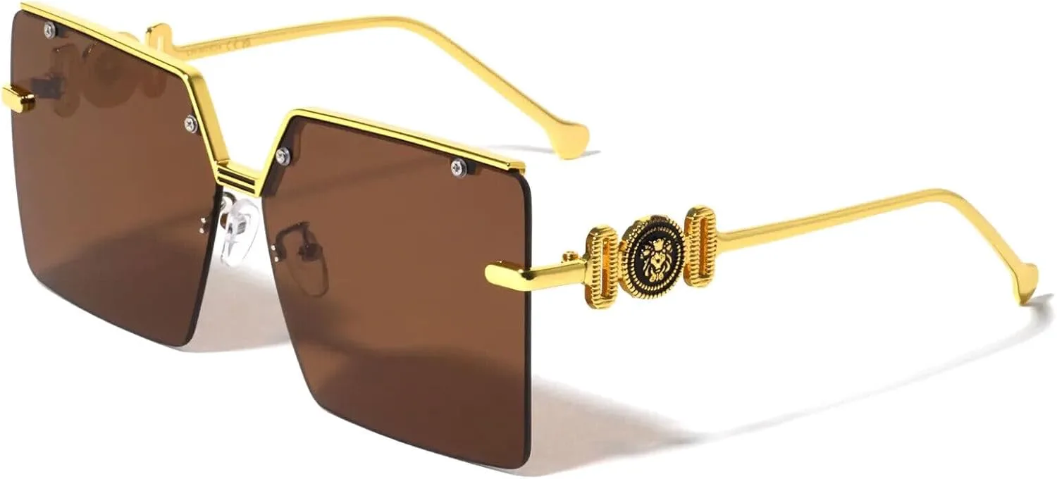 

Женские солнцезащитные очки Dweebzilla с медальоном в виде головы льва, полуободковые, квадратной формы, модель Jackie O, большие, Gold Frame - Solid Brown Lenses