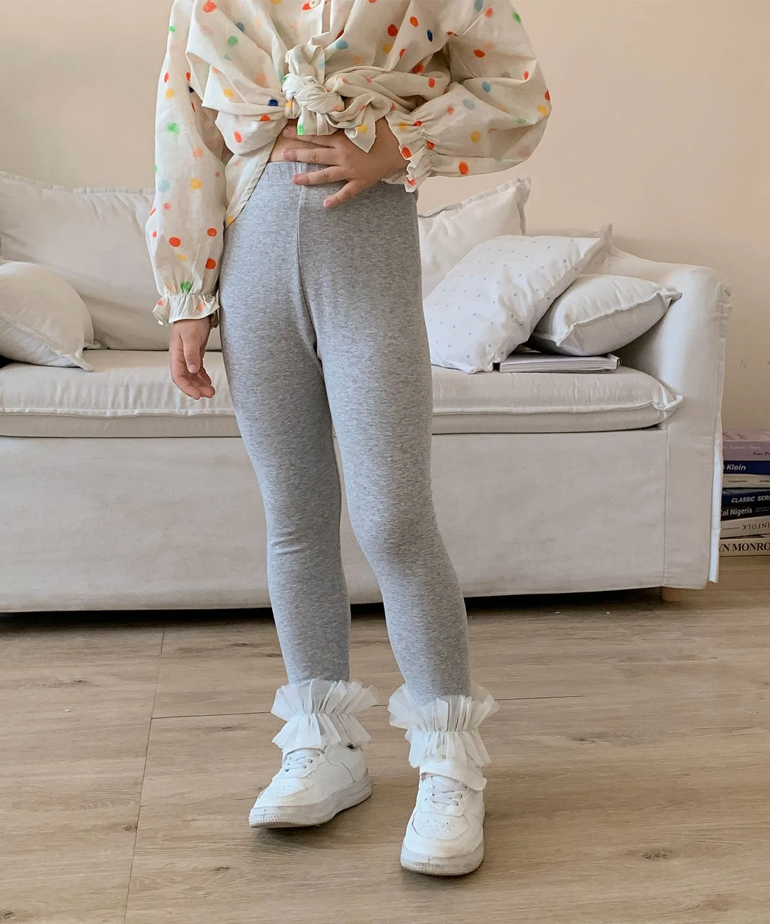 Узкие леггинсы с тюлевой оборкой Aimoha Kids, gray — фото 2