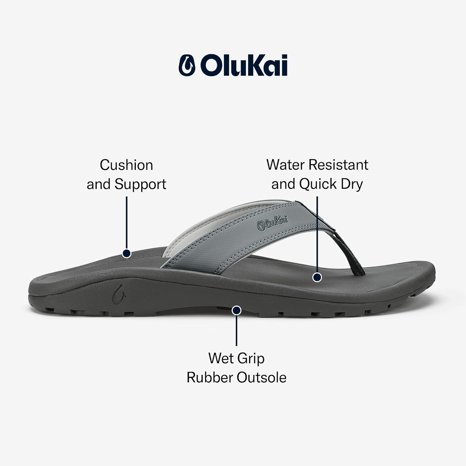 Мужские пляжные сандалии OLUKAI Ohana, водонепроницаемые шлепанцы, поддержка свода стопы и комфортная посадка, легкие и прочные, улучшенное сцепление и устойчивость, Ash/Rock — фото 4