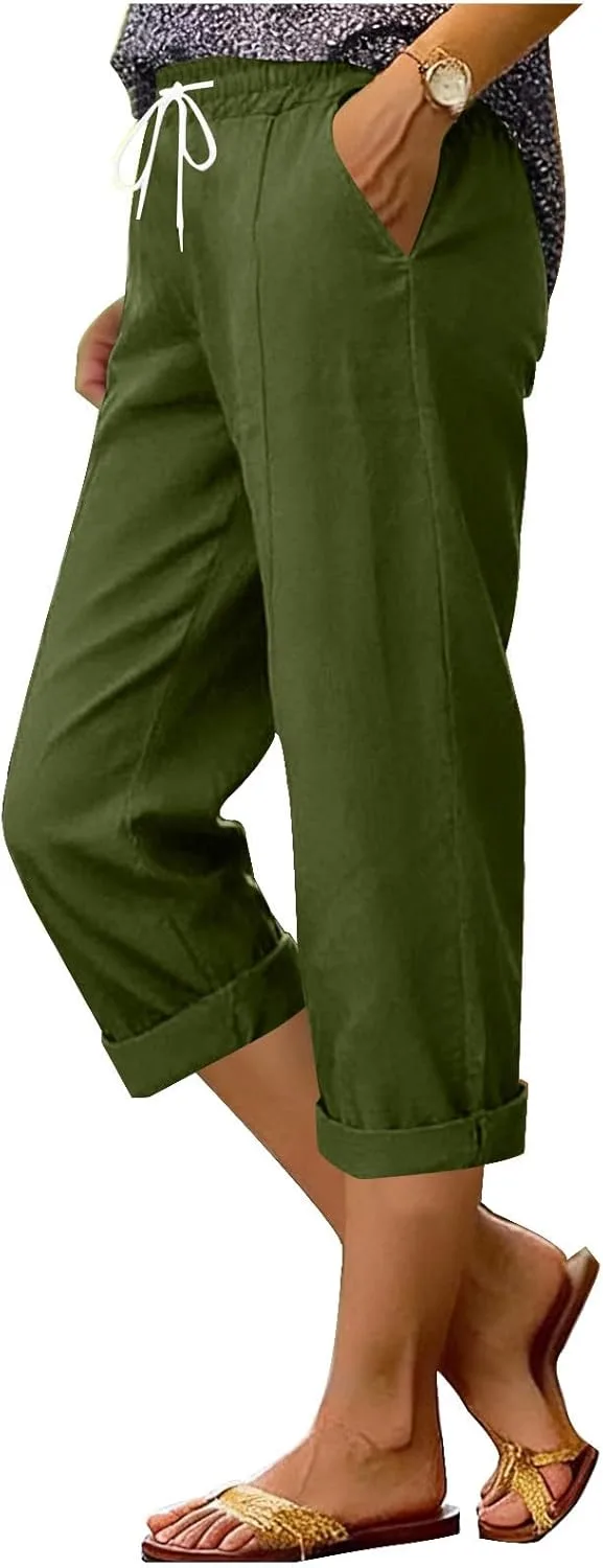 

Женские капри с высокой талией из льна, свободные летние брюки с карманами