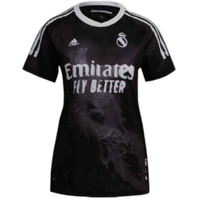 

Футболка Real Madrid Human Race женская черно-белая Adidas, черно-фиолетовая