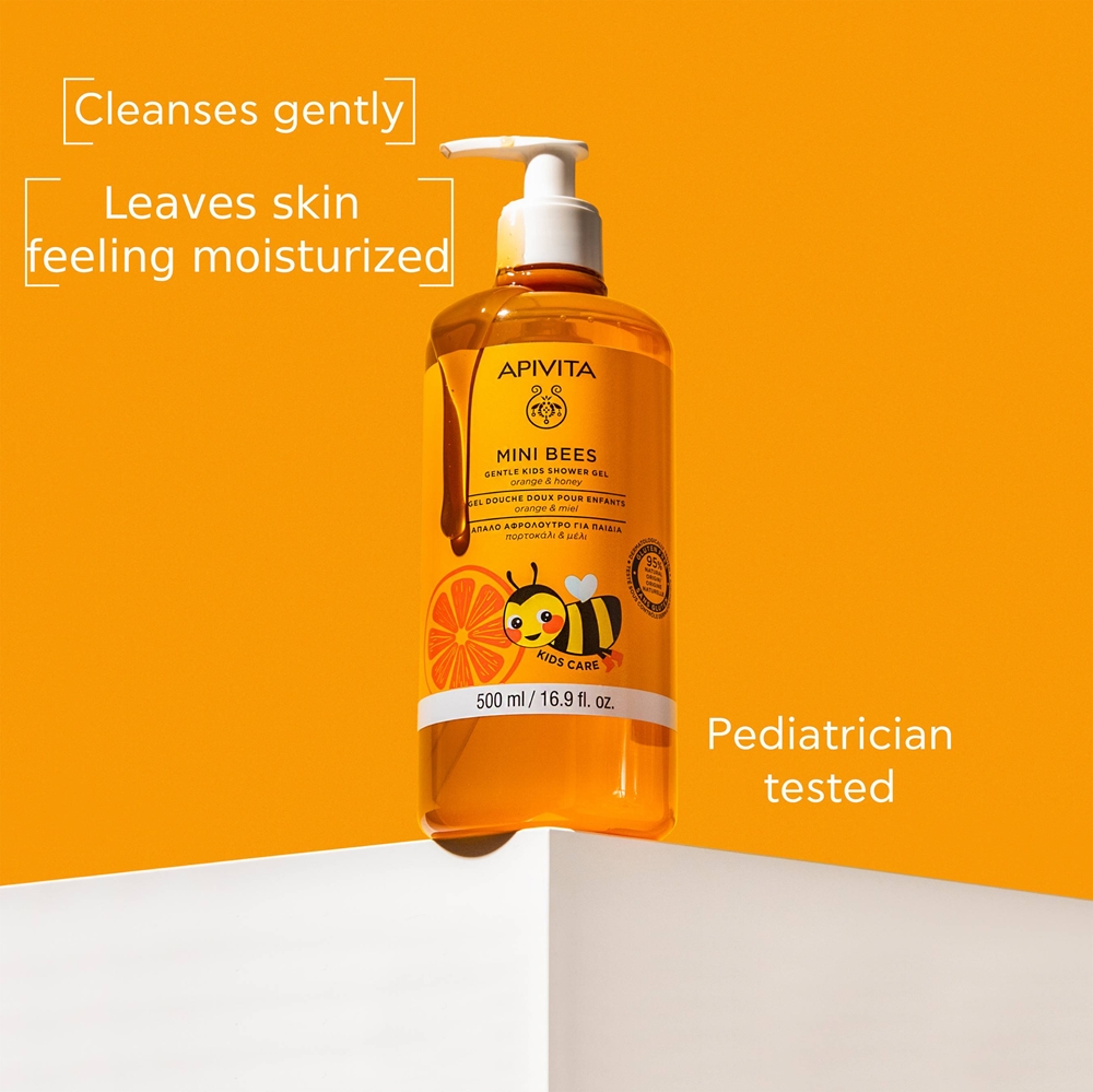 Гель для душа Mini Bees gentle kids, апельсин и мед, гель для душа для тела и волос для детей Apivita, 500 мл — фото 2
