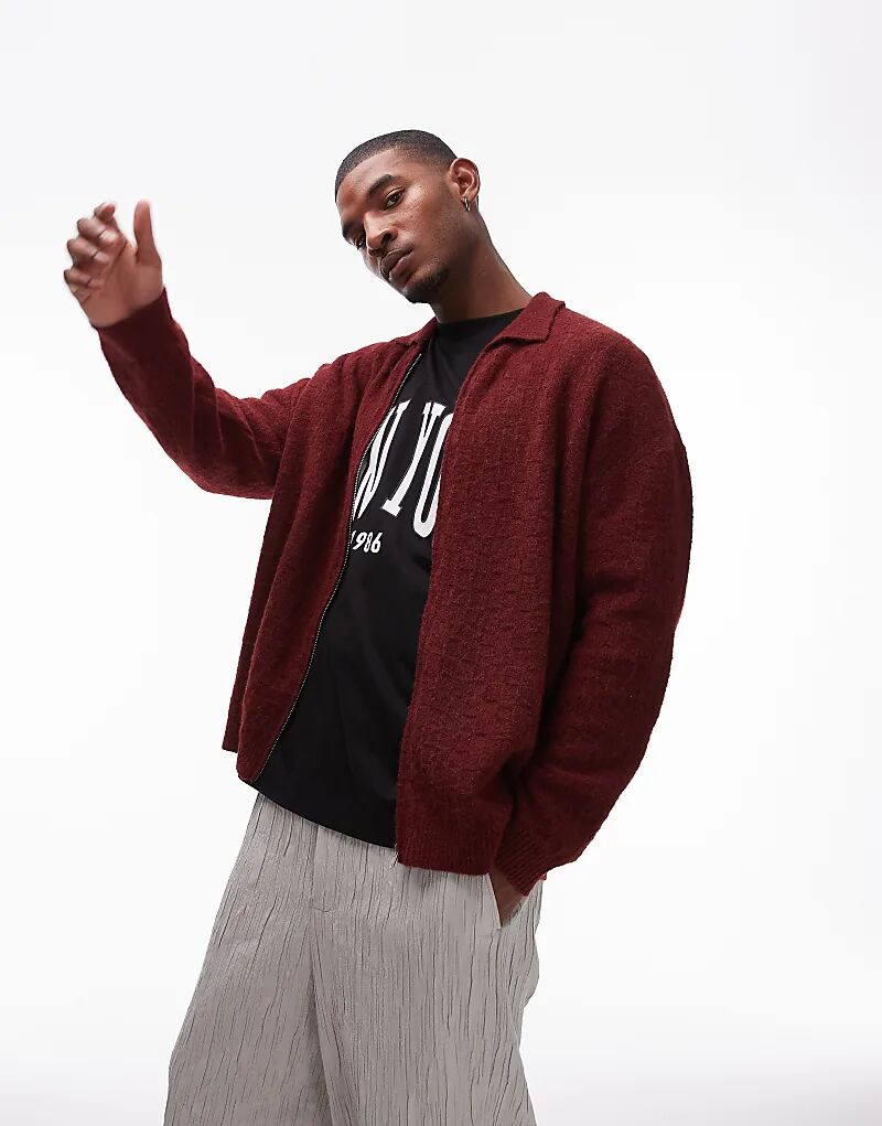 

Фактурный кардиган с застежкой-молнией и воротником красного цвета Topman