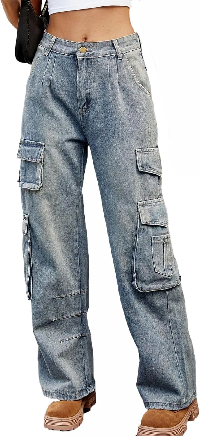 

Viatabuna женские карго джинсы с карманами на клапанах, широкие прямые