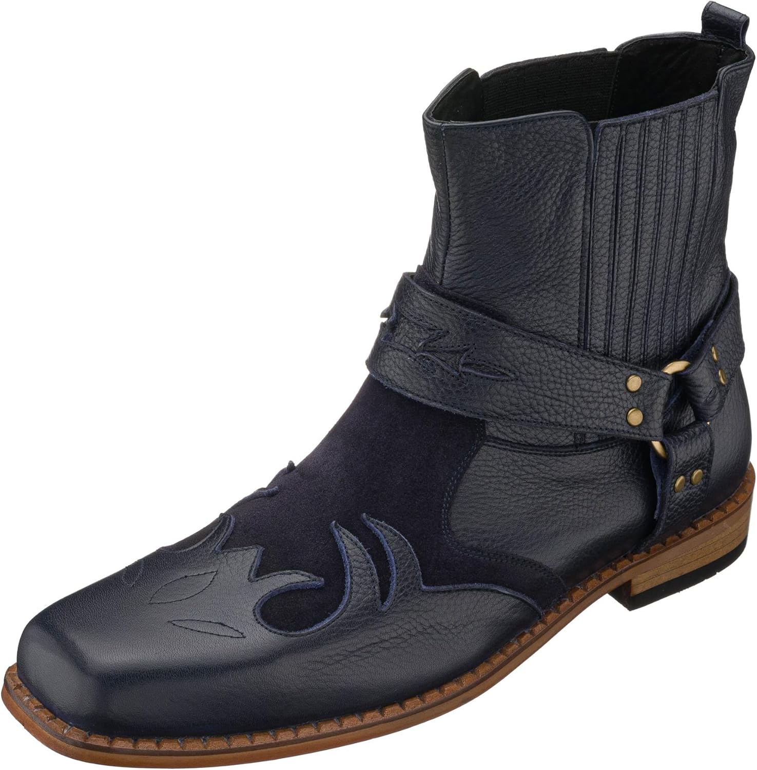 

Мужские кожаные синие ручной работы ботинки DALGALA с квадратным носком, вышивкой в западном стиле и пряжкой, ковбойские ботинки до щиколотки