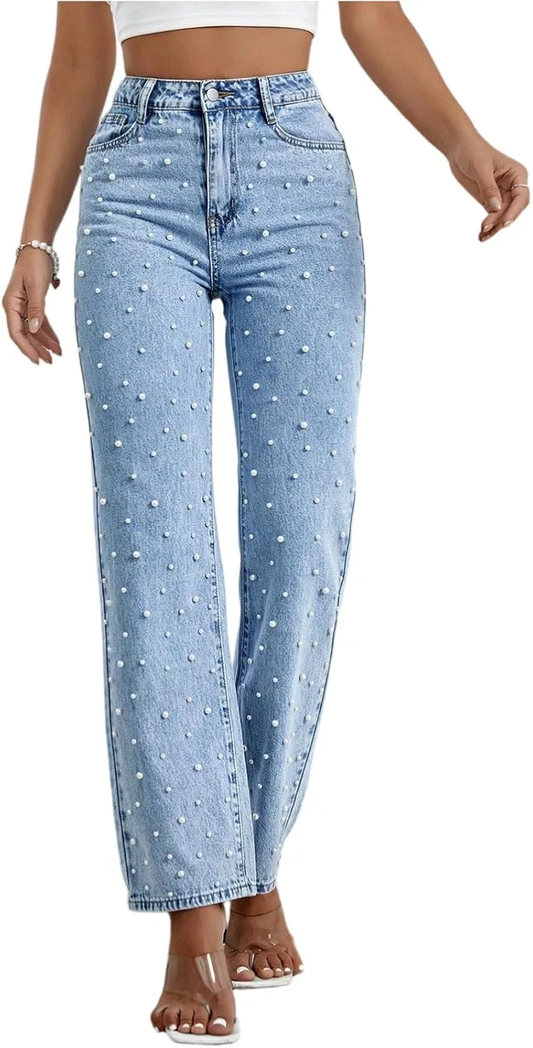 Джинсы boyfriend, жемчуг, светло-голубой