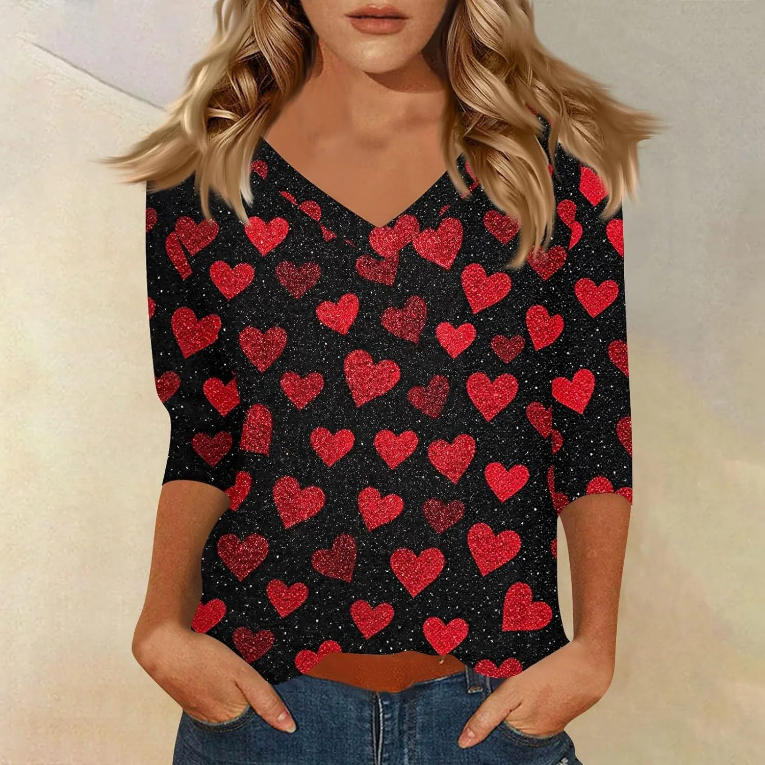 generic Футболка Valentine's для женщин модная 2026 V-образный вырез свободная повседневная милая с принтом в виде сердца рукав 3/4 праздничный образ — фото 2