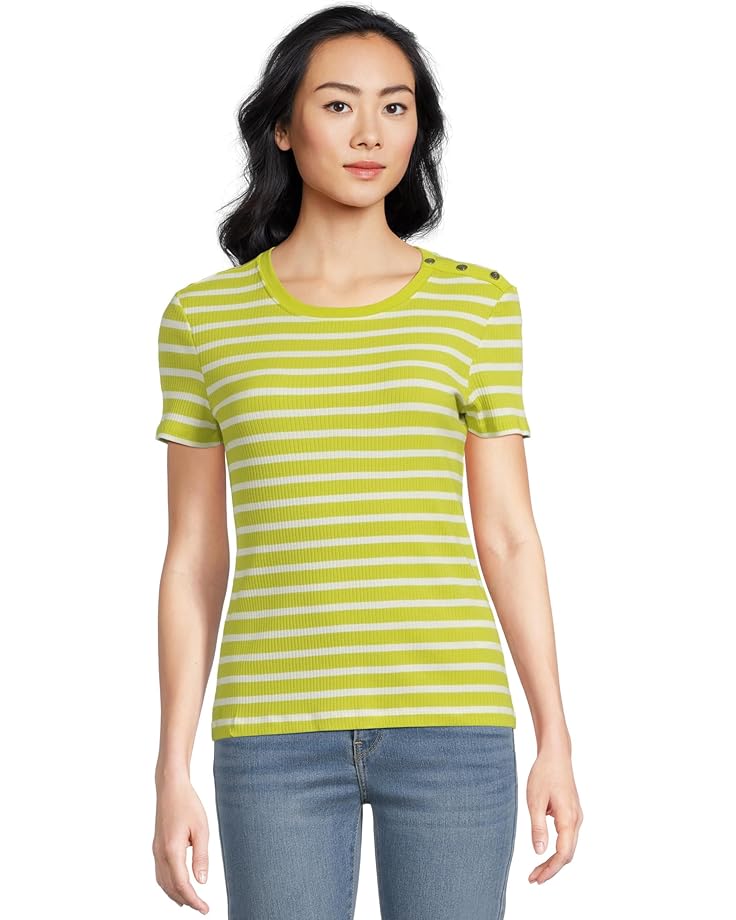 

Футболка Lauren Ralph Lauren Striped Button-trim Rib-knit Tee, цвет Lime Chartreuse/White