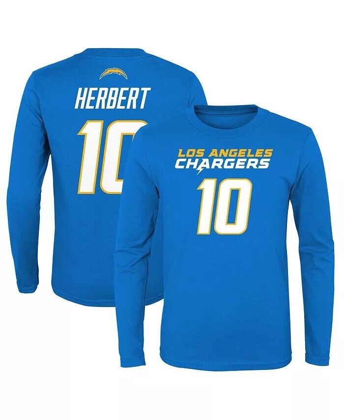 

Футболка с длинным рукавом для мальчиков и девочек Justin Herbert Powder Blue Los Angeles Chargers Mainliner с именем и номером игрока Outerstuff, синий