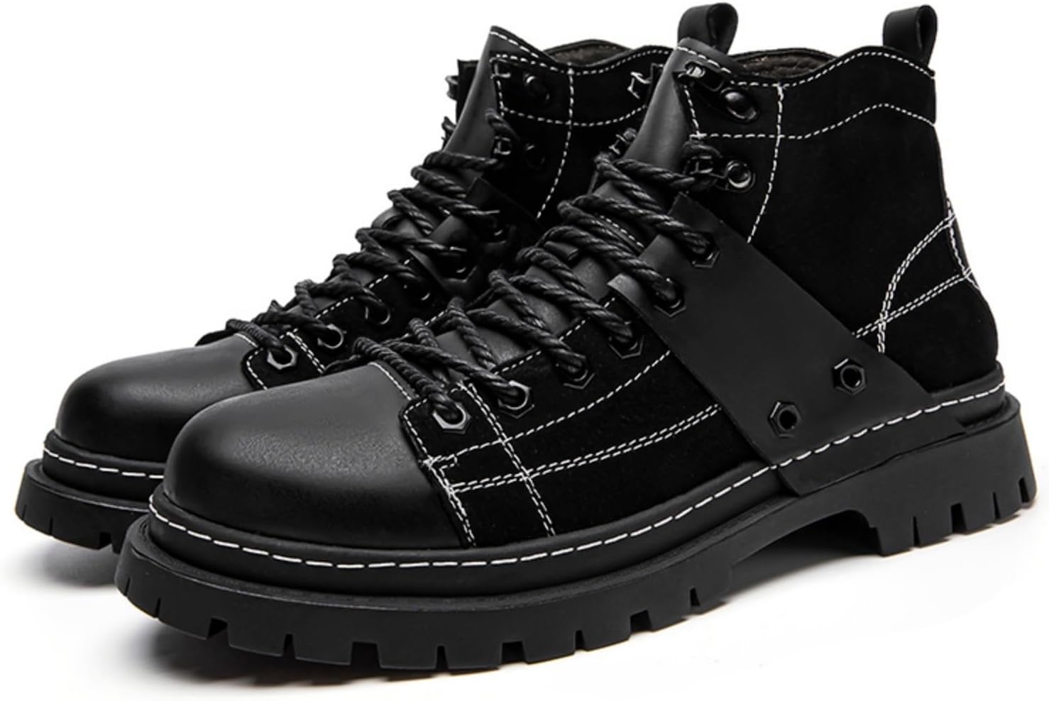 

Мужские модные ботинки чукка на высокой подошве из замши и кожи с двухцветной отделкой, шнуровкой, ретро с круглым носком, противоскользящие повседневные ботинки для вождения и прогулок на улице Qwuieoin, черный