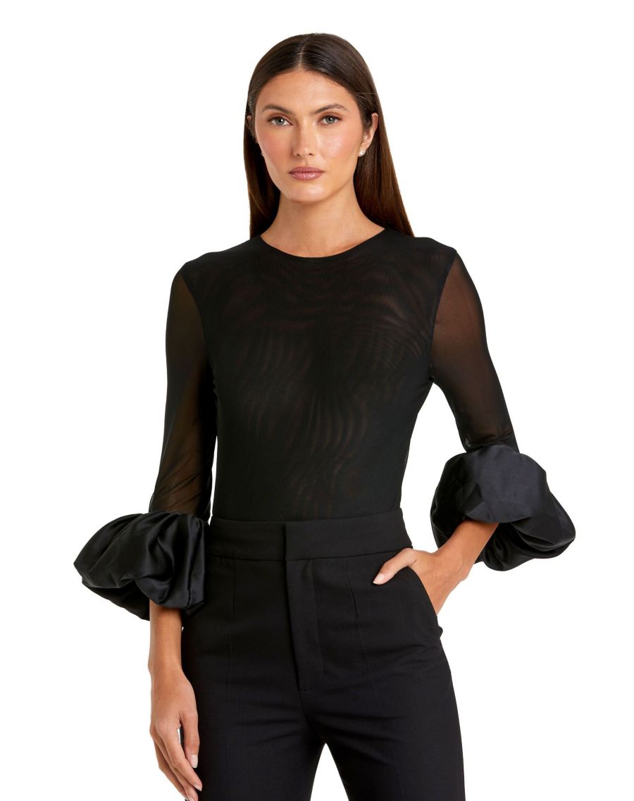 

Женский сетчатый боди с длинными рукавами и атласными пышными рукавами Mac Duggal, Black