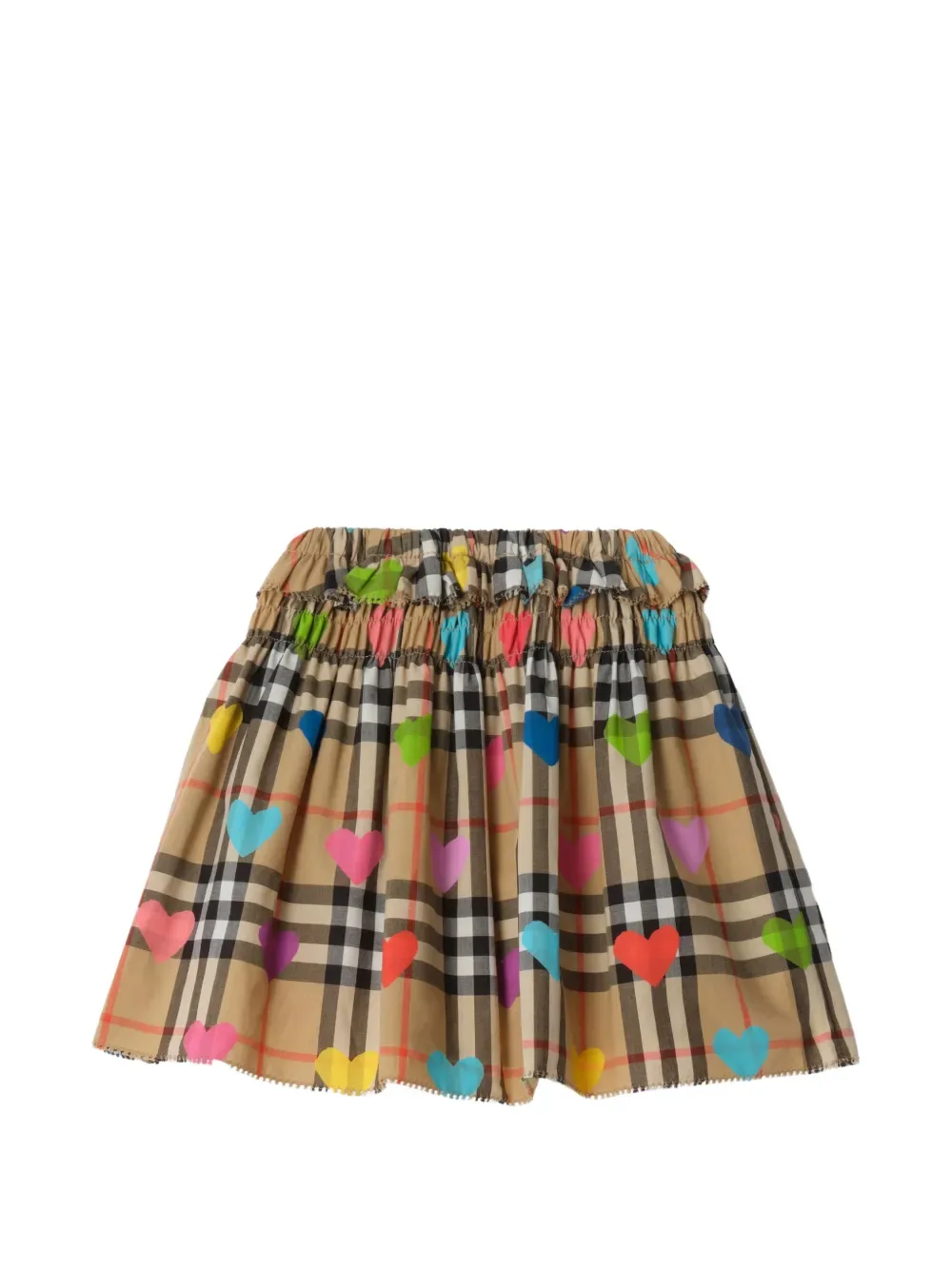 Хлопковая юбка с принтом "Сердечки в клетку" BURBERRY KIDS, бежевый
