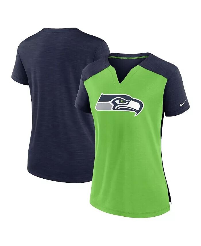 

Женская неоново-зеленая, темно-синяя футболка Seattle Seahawks Impact Exceed Performance с вырезом на воротнике Nike