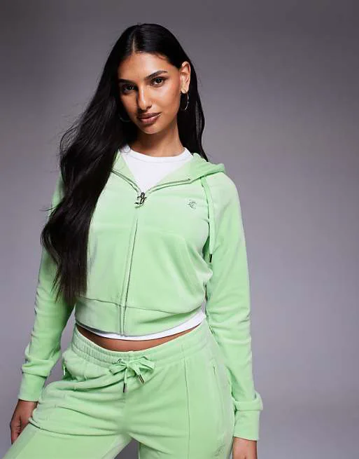 

Координатное велюровое худи с логотипом Juicy Couture на молнии и стразами зеленого цвета, Зеленый, Координатное велюровое худи с логотипом Juicy Couture на молнии и стразами зеленого цвета