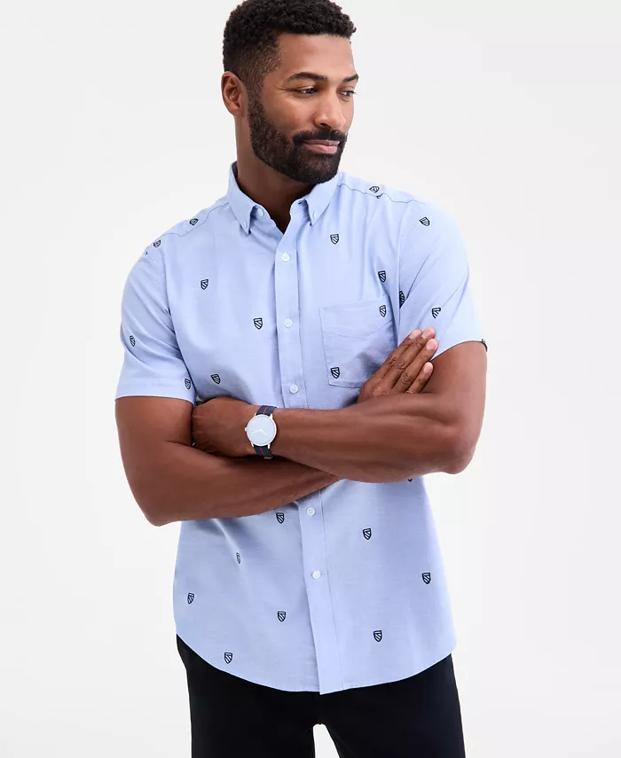 

Мужская классическая растягивающаяся оксфордская рубашка с вышитым фамильным гербом Club Room, синий