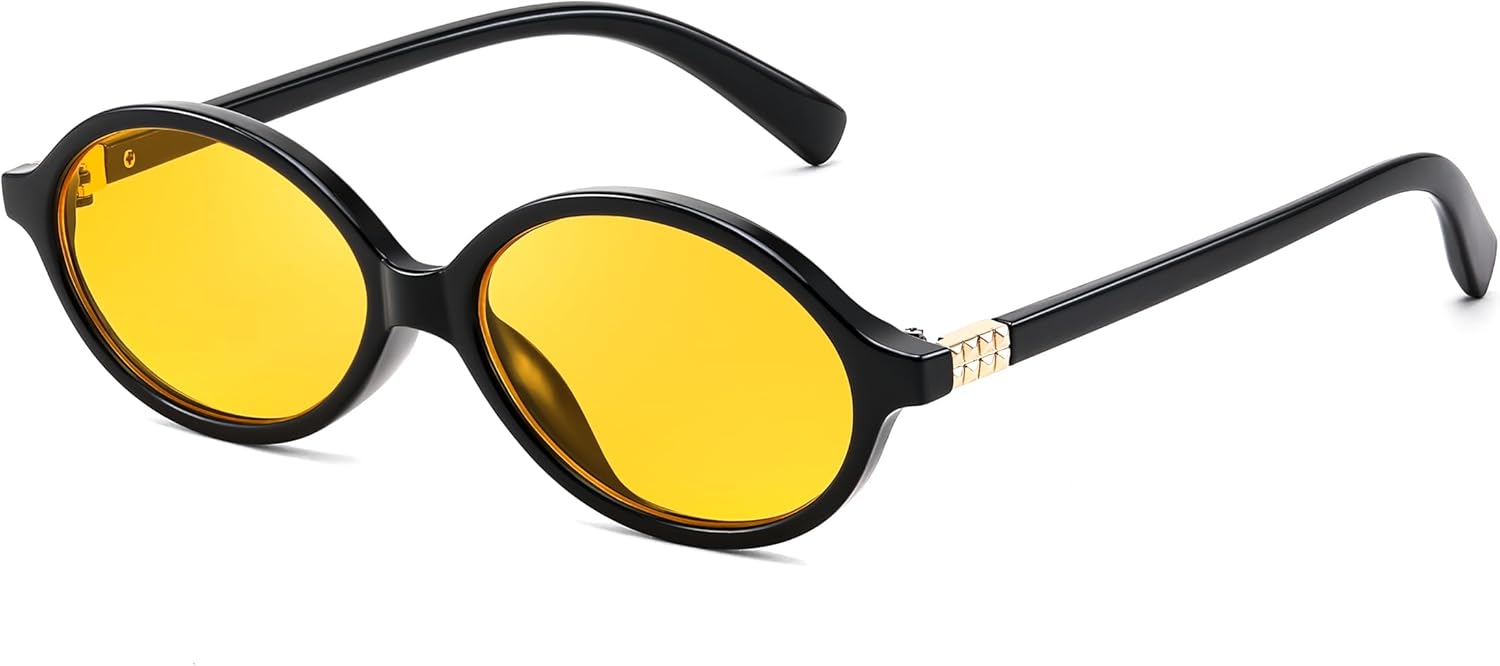 

Солнцезащитные очки YuJian в стиле ретро 90-х, овальные, для женщин и мужчин, модные узкие круглые солнцезащитные очки в стиле Y2k, винтажные очки, Black Frame - Yellow